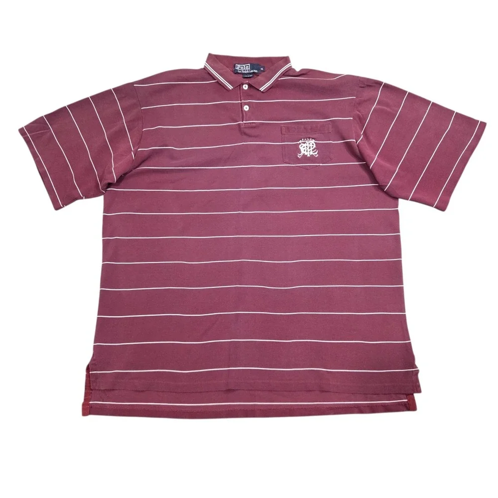 Polo Ralph Lauren Vintage Mens Polo Shirt Maroon Striped Made In USA‎ Button XL